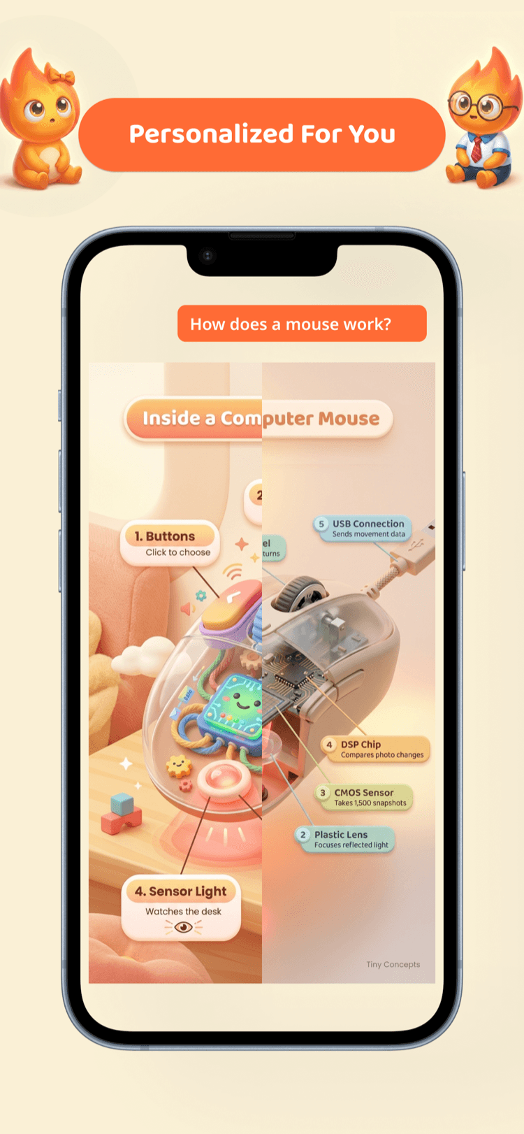 App screenshot showing a personalized explanation of how a computer mouse works