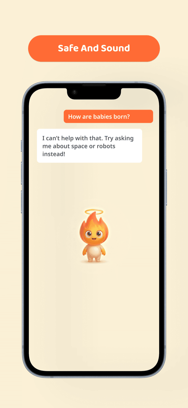 App screenshot showing the mascot gently declining an inappropriate question